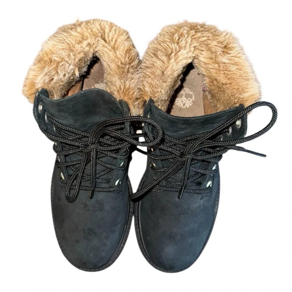 Timberland Boots Faux Fur Girls Size 4 Waterproof Black Leather